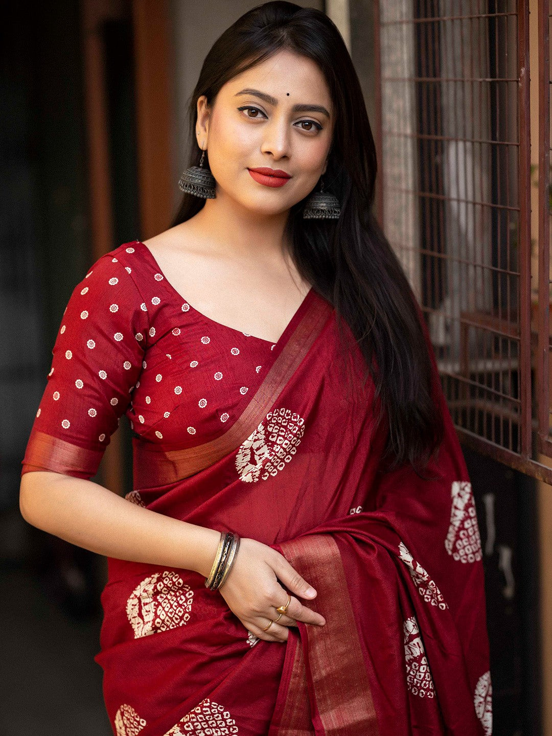 Imbrication Red 1 Minute Ready To Wear Soft Dola Cotton Saree