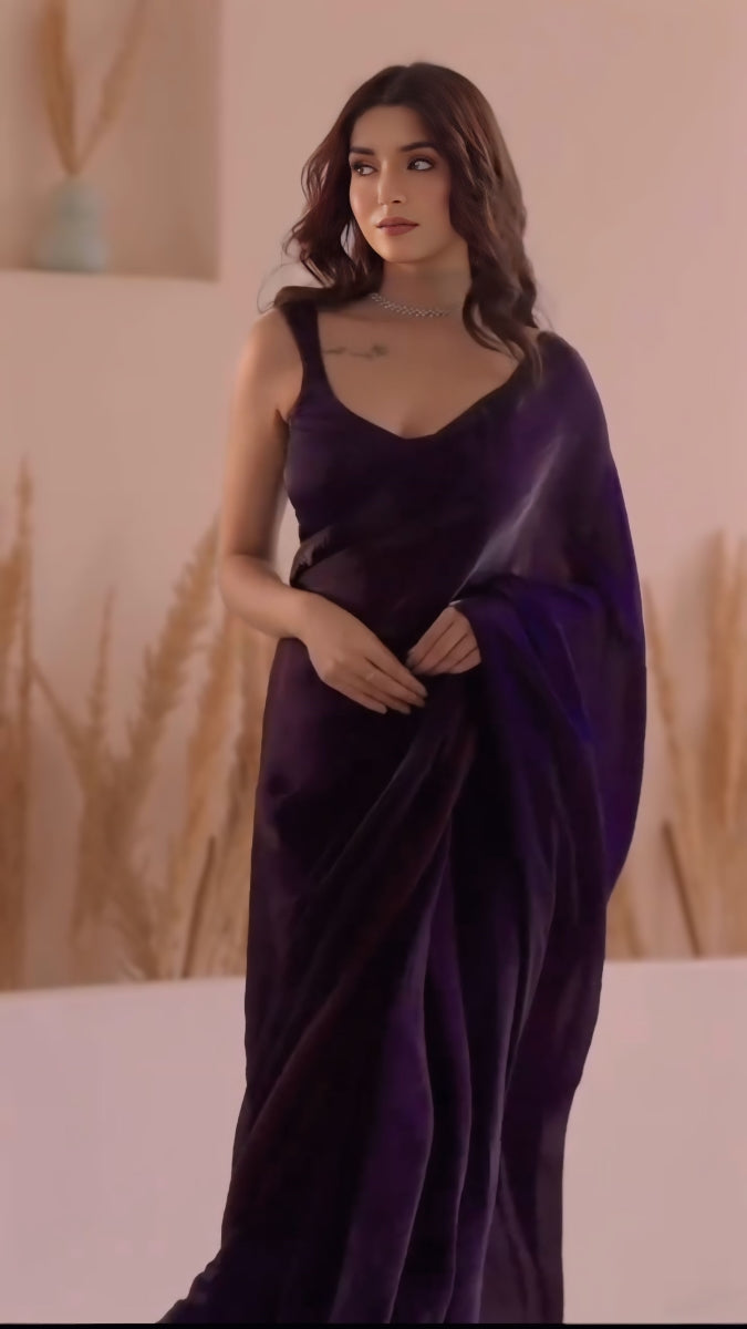 DrapeMajesty 1 Minute Ready To Wear Dark Purple Digital Printed Georgette Silk Saree
