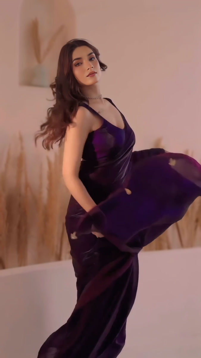 DrapeMajesty 1 Minute Ready To Wear Dark Purple Digital Printed Georgette Silk Saree