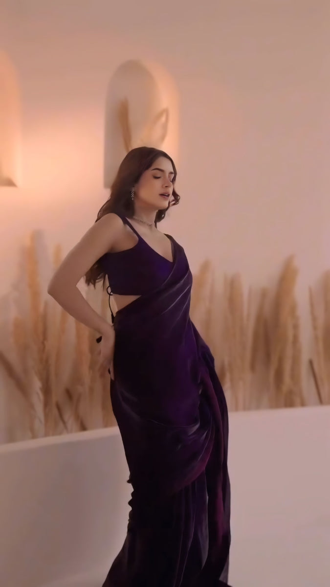 DrapeMajesty 1 Minute Ready To Wear Dark Purple Digital Printed Georgette Silk Saree