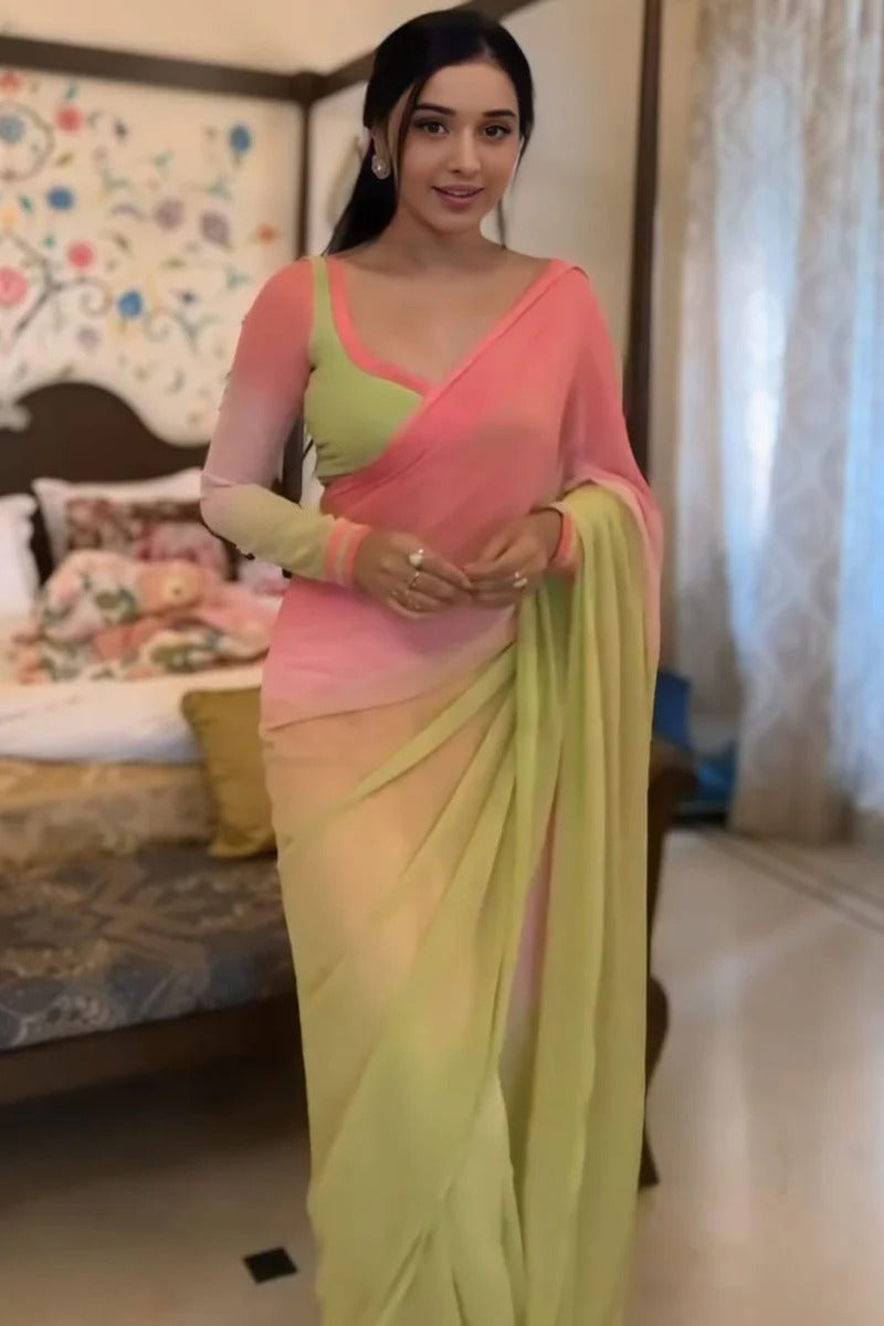 Attractive 1-Minute Ready To Wear Pink And Parrot Georgette Saree