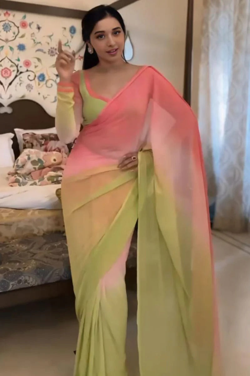 Attractive 1-Minute Ready To Wear Pink And Parrot Georgette Saree