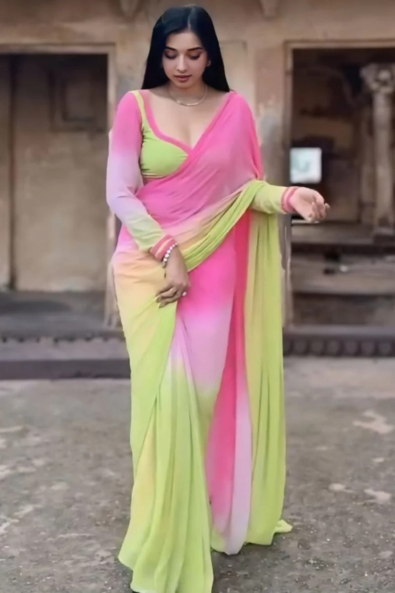 Attractive 1-Minute Ready To Wear Pink And Parrot Georgette Saree