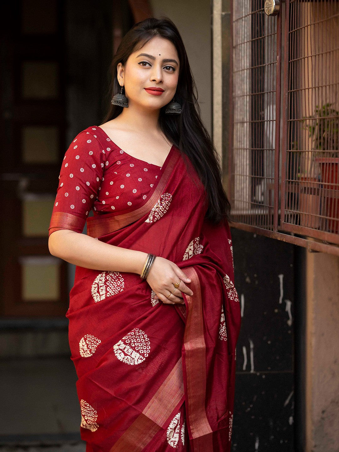 Imbrication Red 1 Minute Ready To Wear Soft Dola Cotton Saree
