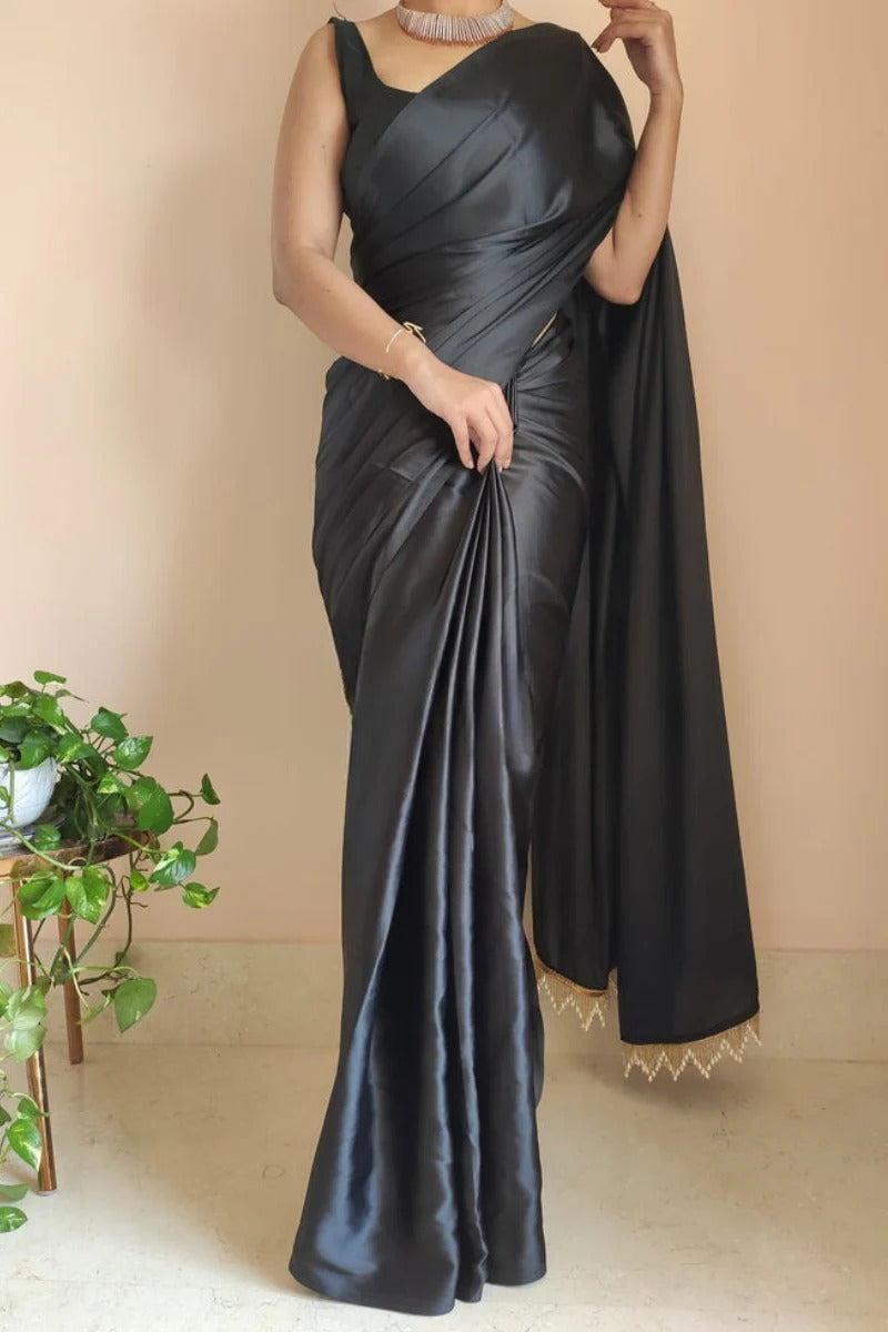 Blooming Black 1 Minute Ready To Wear Satin Silk Saree With Handmade Tassels