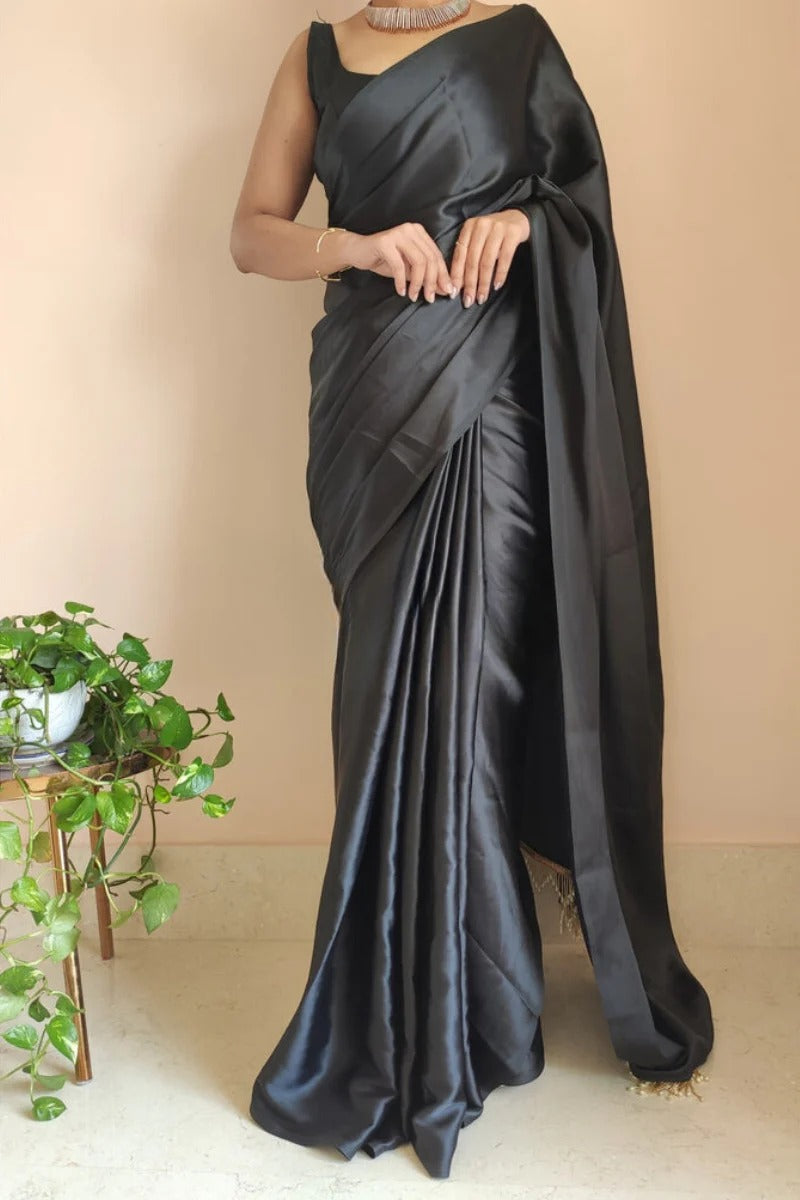 Blooming Black 1 Minute Ready To Wear Satin Silk Saree With Handmade Tassels