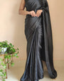 Blooming Black 1 Minute Ready To Wear Satin Silk Saree With Handmade Tassels