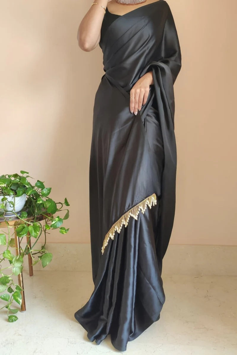 Blooming Black 1 Minute Ready To Wear Satin Silk Saree With Handmade Tassels