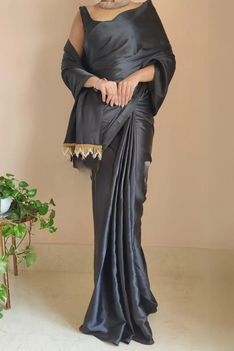 Blooming Black 1 Minute Ready To Wear Satin Silk Saree With Handmade Tassels