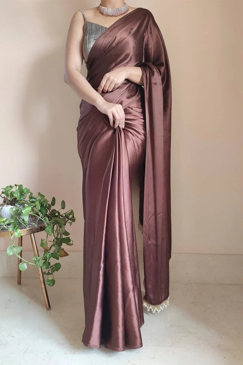 Glorious Brown 1 Minute Ready To Wear Satin Silk Saree With Handmade Tassels