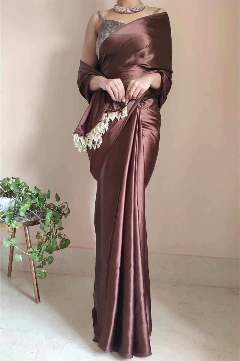 Glorious Brown 1 Minute Ready To Wear Satin Silk Saree With Handmade Tassels