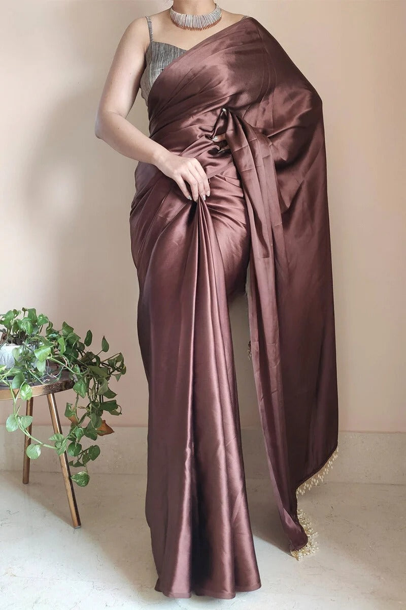 Glorious Brown 1 Minute Ready To Wear Satin Silk Saree With Handmade Tassels