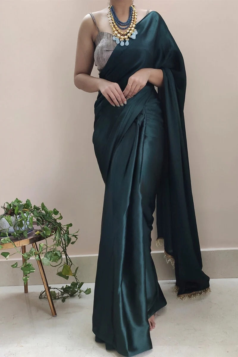 Blissful Dark Blackish Green 1 Minute Ready To Wear Satin Silk Saree With Handmade Tassels