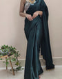 Blissful Dark Blackish Green 1 Minute Ready To Wear Satin Silk Saree With Handmade Tassels