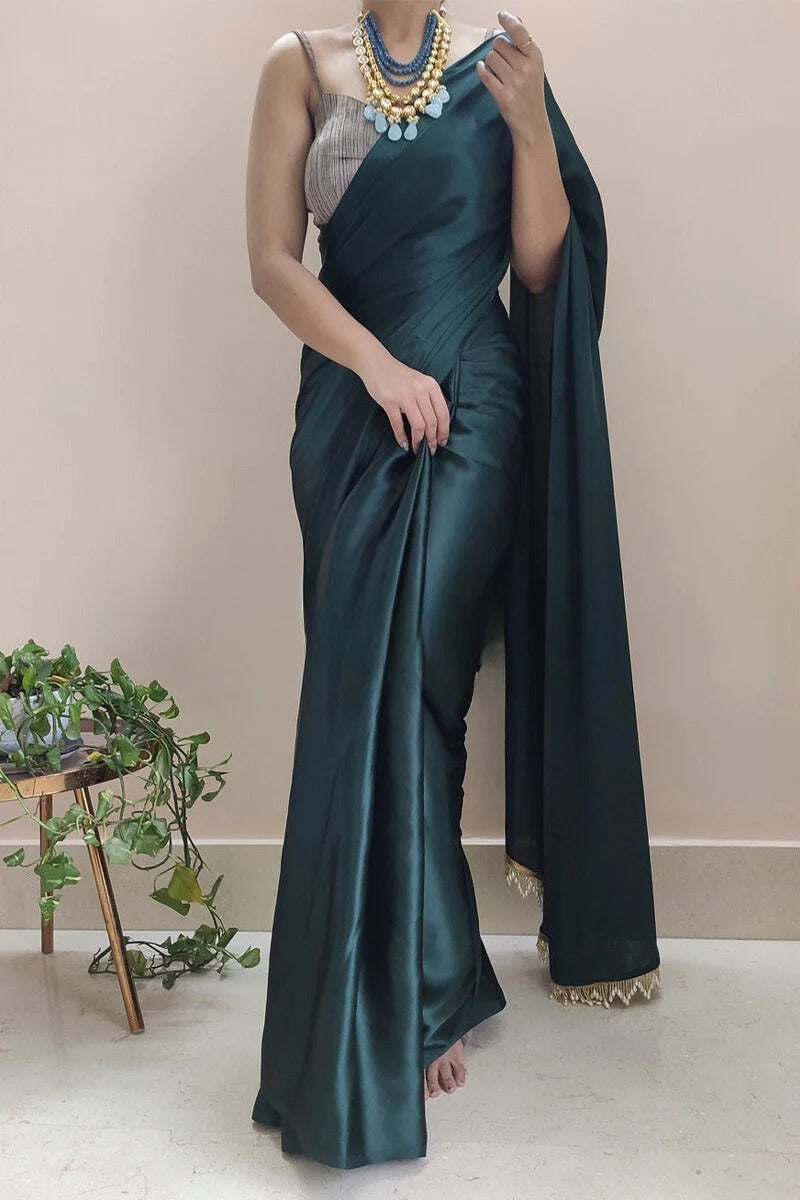 Cheap Fashion Dark Green Japan Satin Saree|SARV131978