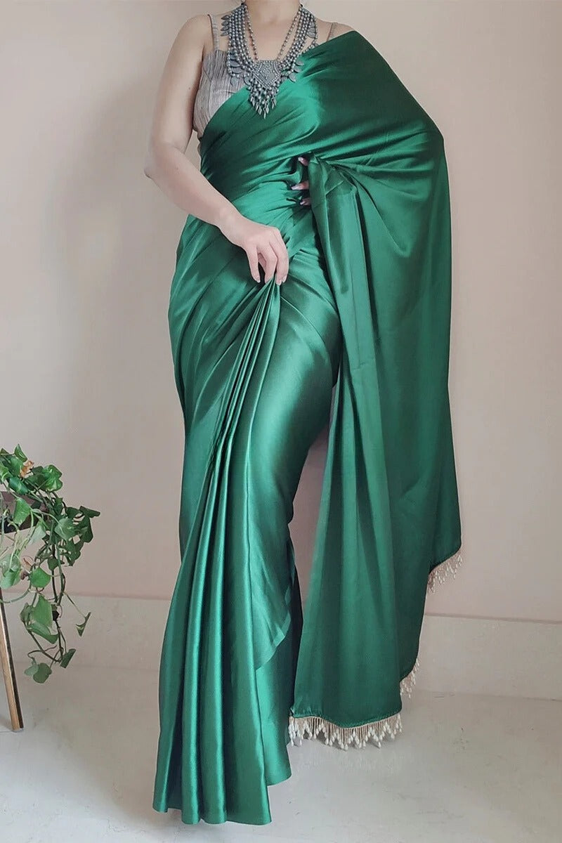 Classic Forest Green 1 Minute Ready To Wear Satin Silk Saree With Handmade Tassels