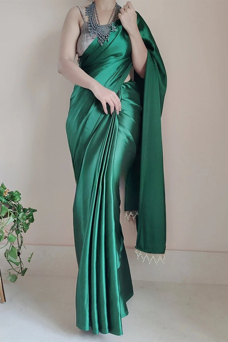 Classic Forest Green 1 Minute Ready To Wear Satin Silk Saree With Handmade Tassels