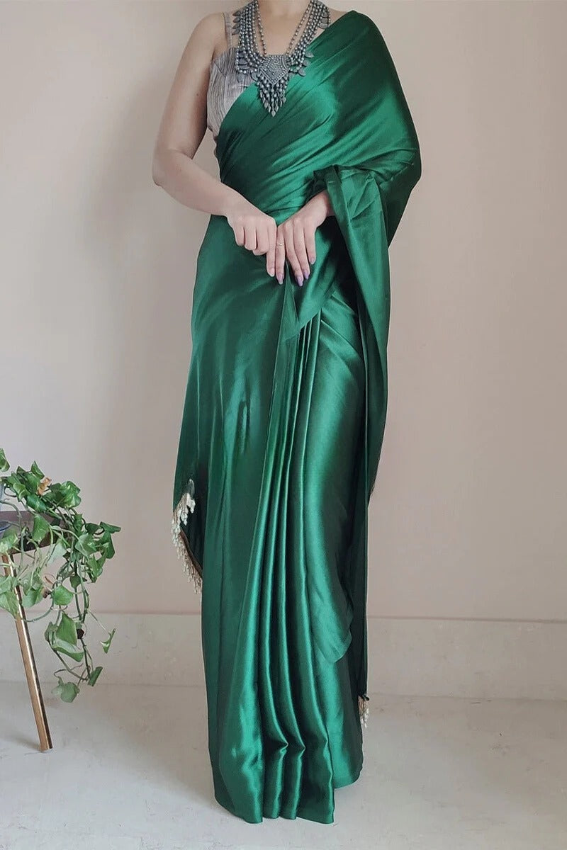 Classic Forest Green 1 Minute Ready To Wear Satin Silk Saree With Handmade Tassels