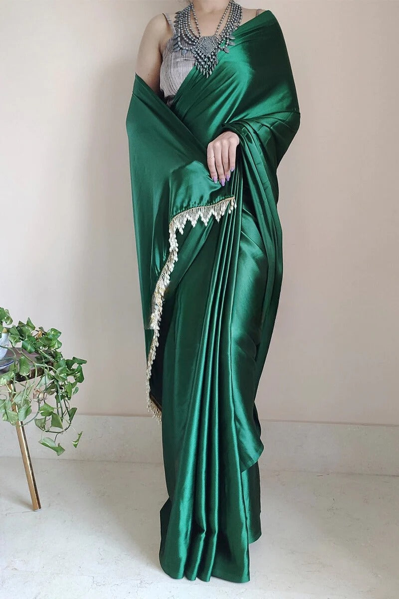 Classic Forest Green 1 Minute Ready To Wear Satin Silk Saree With Handmade Tassels