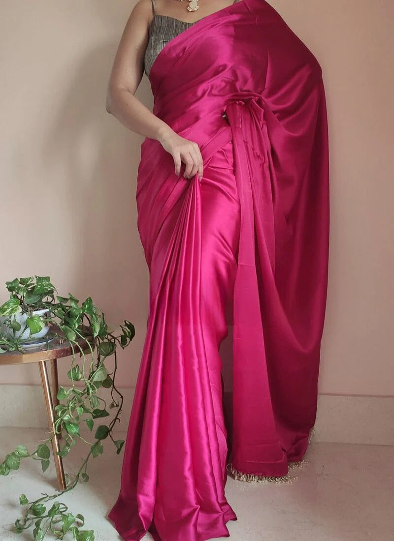 Elaborate Hot Pink 1 Minute Ready To Wear Satin Silk Saree With Handmade Tassels