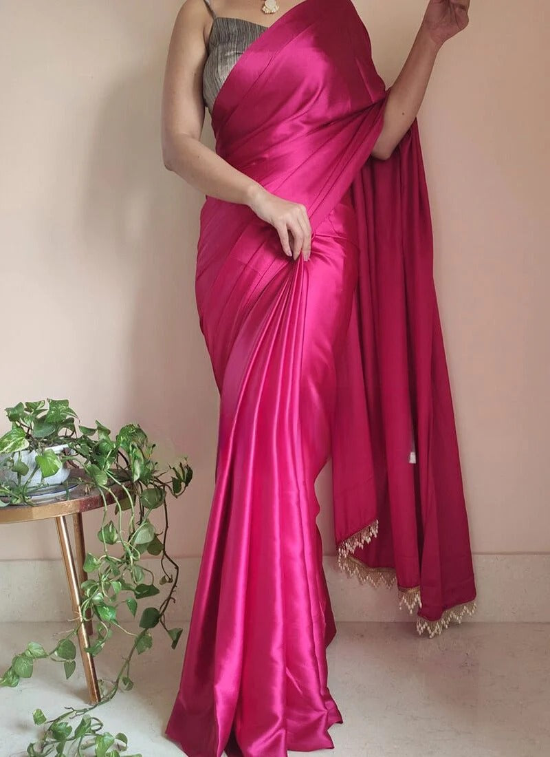 Elaborate Hot Pink 1 Minute Ready To Wear Satin Silk Saree With Handmade Tassels