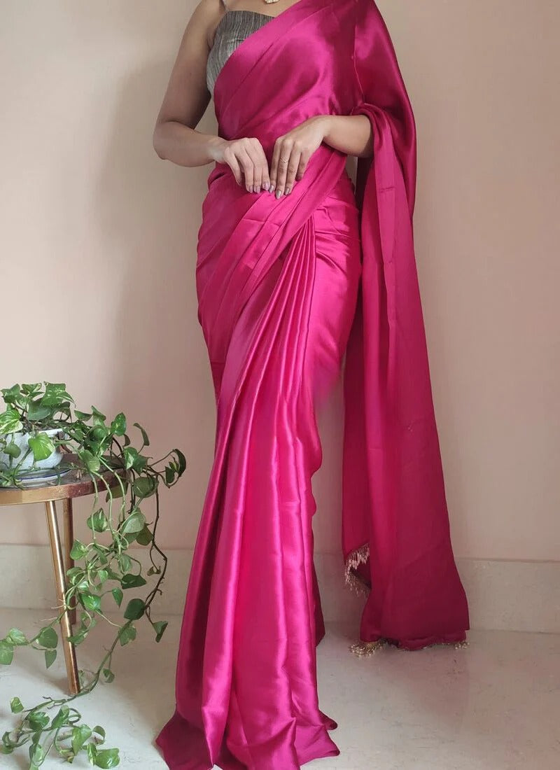 Elaborate Hot Pink 1 Minute Ready To Wear Satin Silk Saree With Handmade Tassels