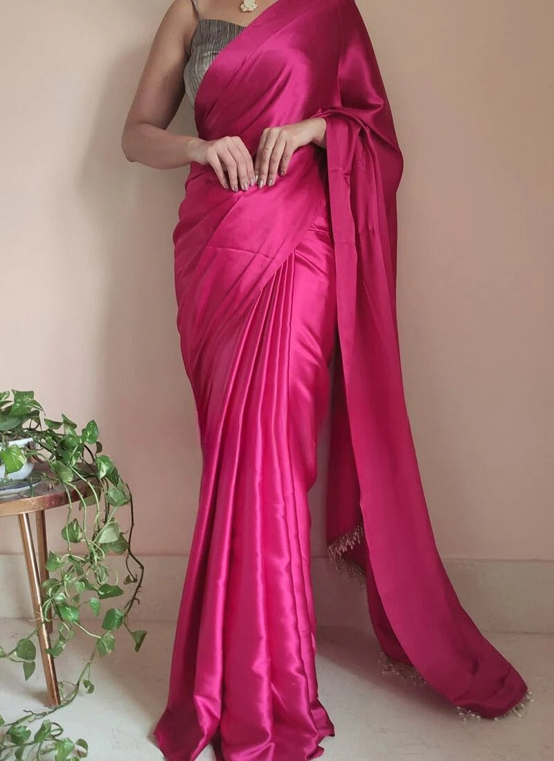 Elaborate Hot Pink 1 Minute Ready To Wear Satin Silk Saree With Handmade Tassels