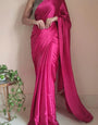 Elaborate Hot Pink 1 Minute Ready To Wear Satin Silk Saree With Handmade Tassels