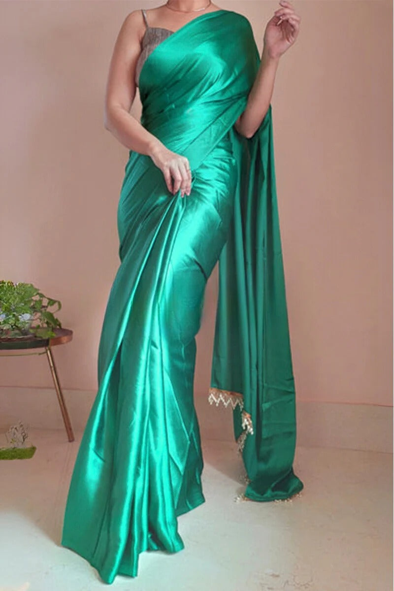 Glowing Jade Green 1 Minute Ready To Wear Satin Silk Saree With Handmade Tassels