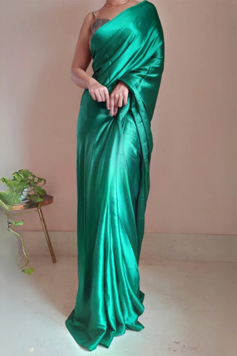 Glowing Jade Green 1 Minute Ready To Wear Satin Silk Saree With Handmade Tassels