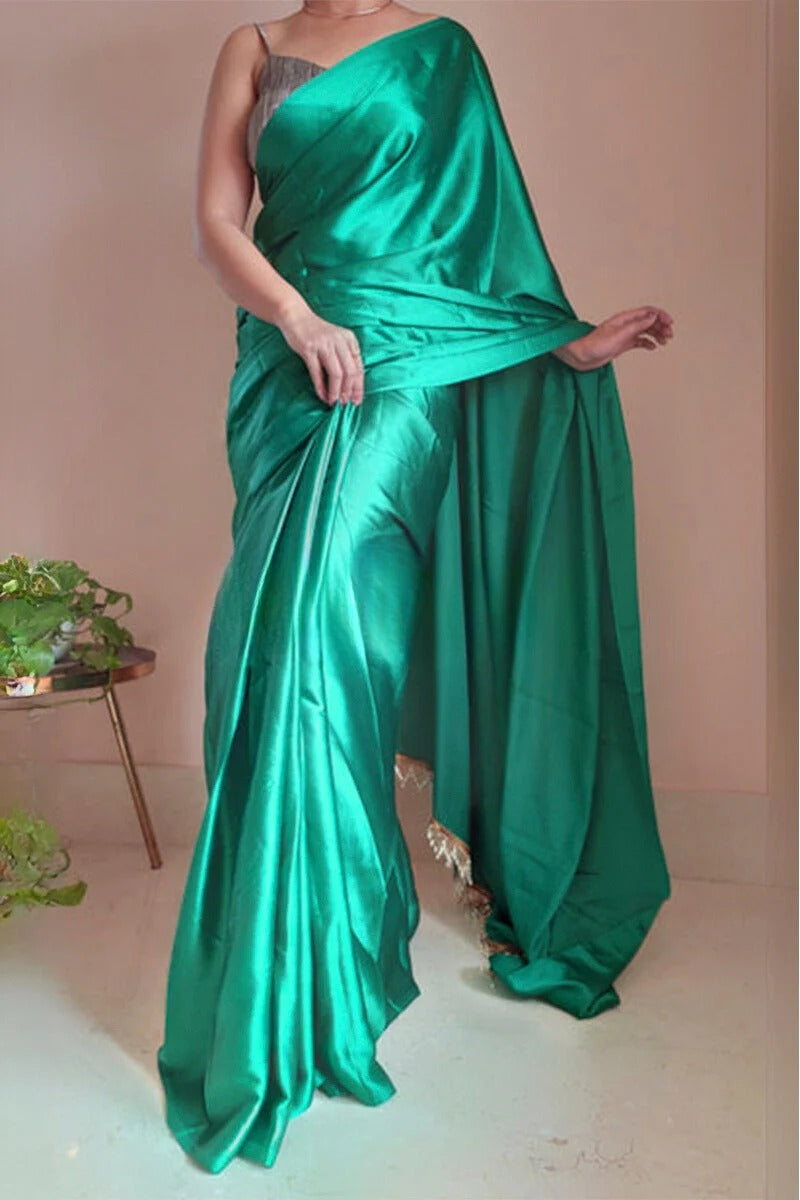 Glowing Jade Green 1 Minute Ready To Wear Satin Silk Saree With Handmade Tassels