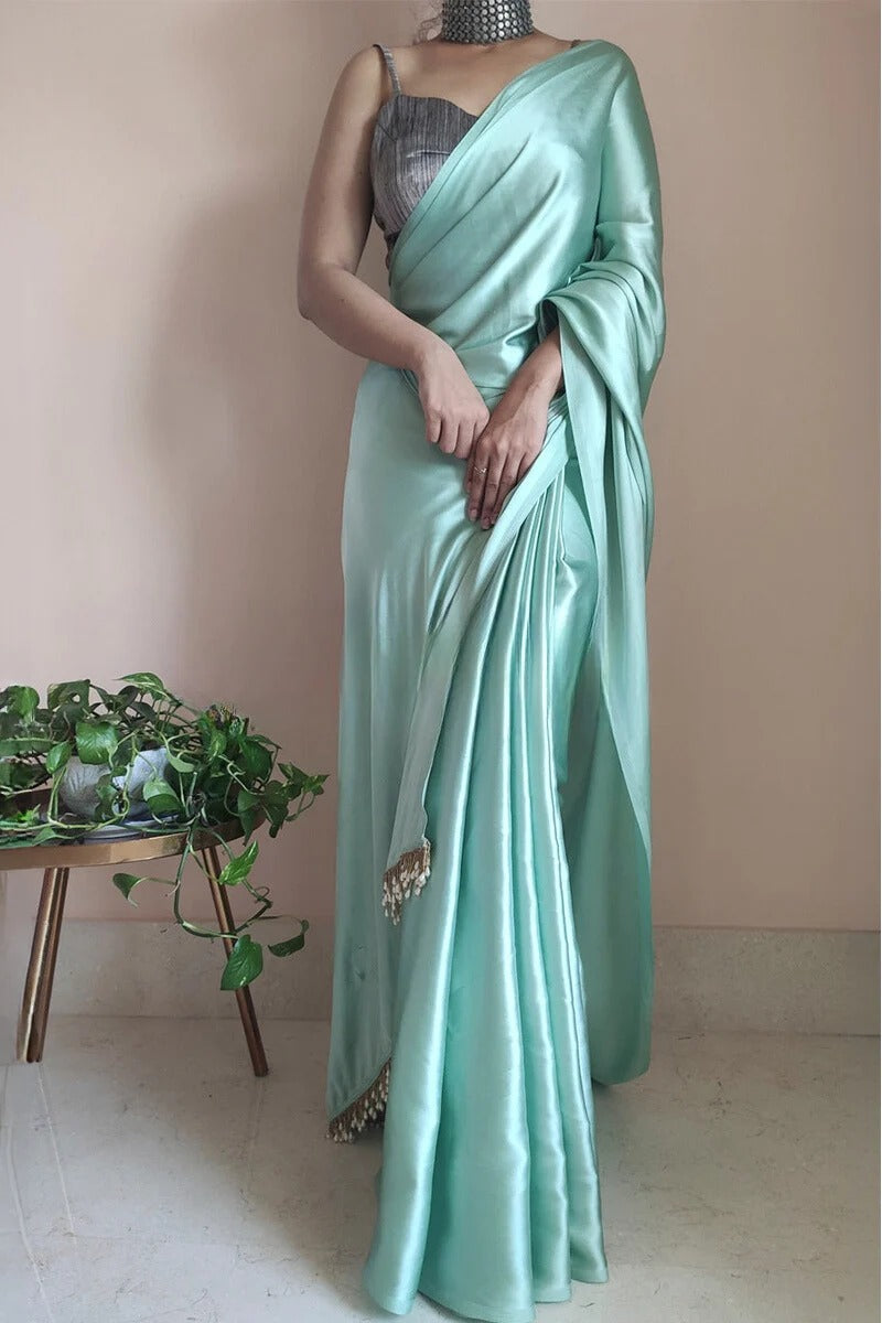 Jazzy Mint Green 1 Minute Ready To Wear Satin Silk Saree With Handmade Tassels