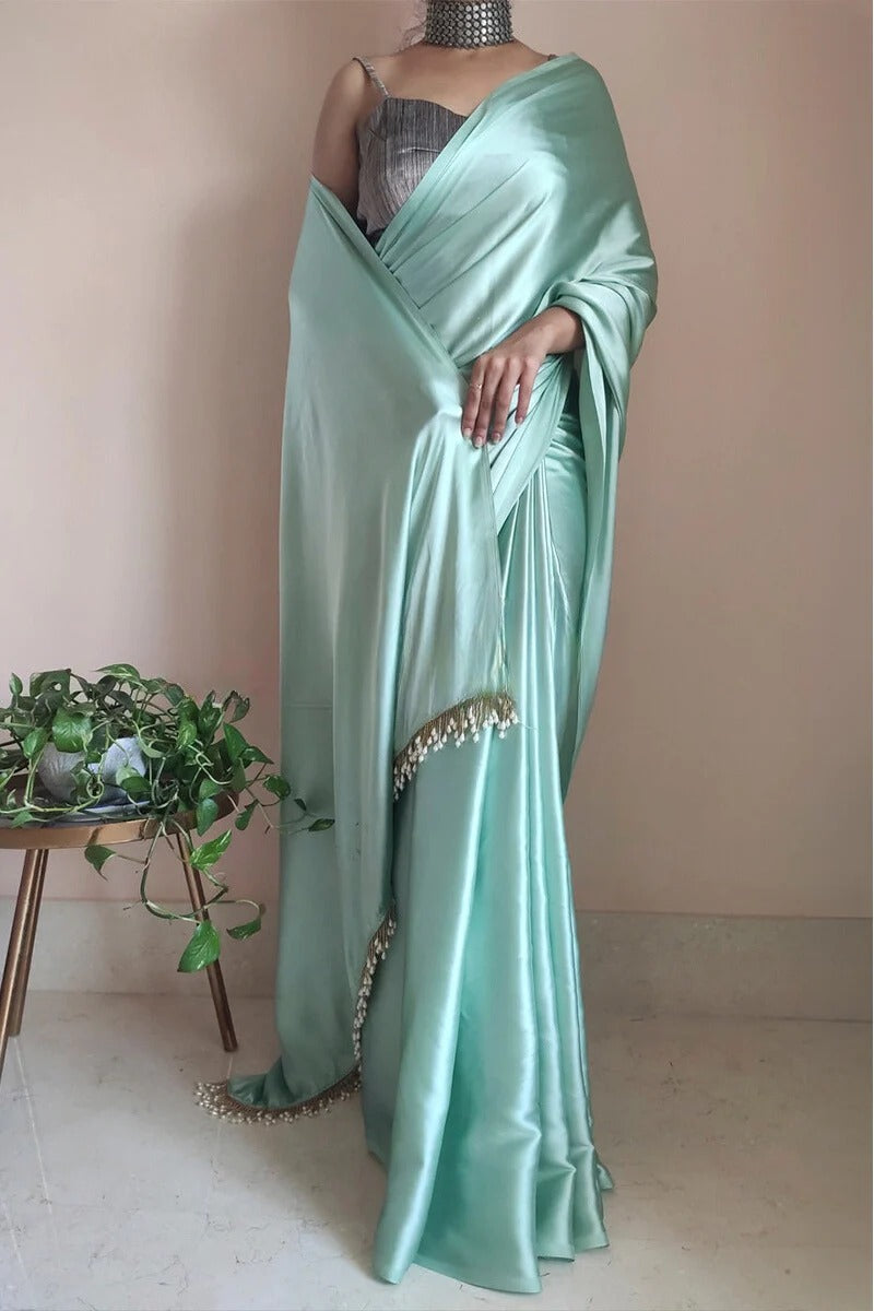 Jazzy Mint Green 1 Minute Ready To Wear Satin Silk Saree With Handmade Tassels