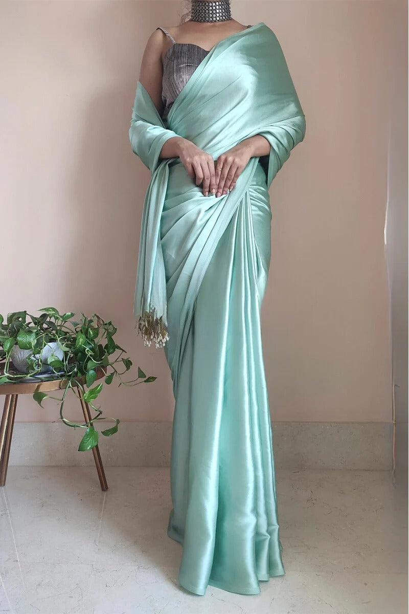 Jazzy Mint Green 1 Minute Ready To Wear Satin Silk Saree With Handmade Tassels