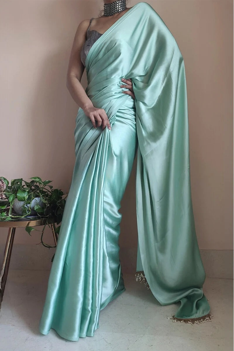 Jazzy Mint Green 1 Minute Ready To Wear Satin Silk Saree With Handmade Tassels