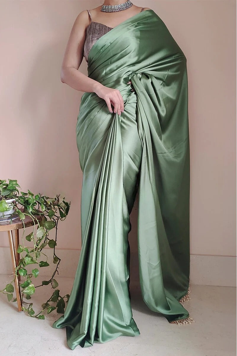 Luxuriant Moss Green 1 Minute Ready To Wear Satin Silk Saree With Handmade Tassels