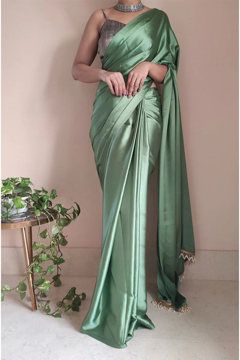 Luxuriant Moss Green 1 Minute Ready To Wear Satin Silk Saree With Handmade Tassels