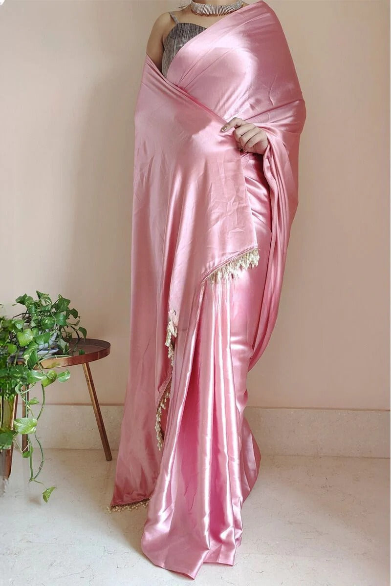 Pleasant Old Rose 1 Minute Ready To Wear Satin Silk Saree With Handmade Tassels