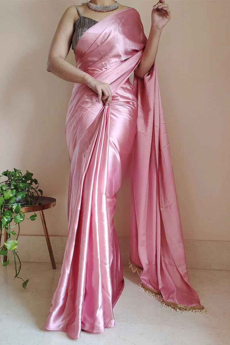 Pleasant Old Rose 1 Minute Ready To Wear Satin Silk Saree With Handmade Tassels