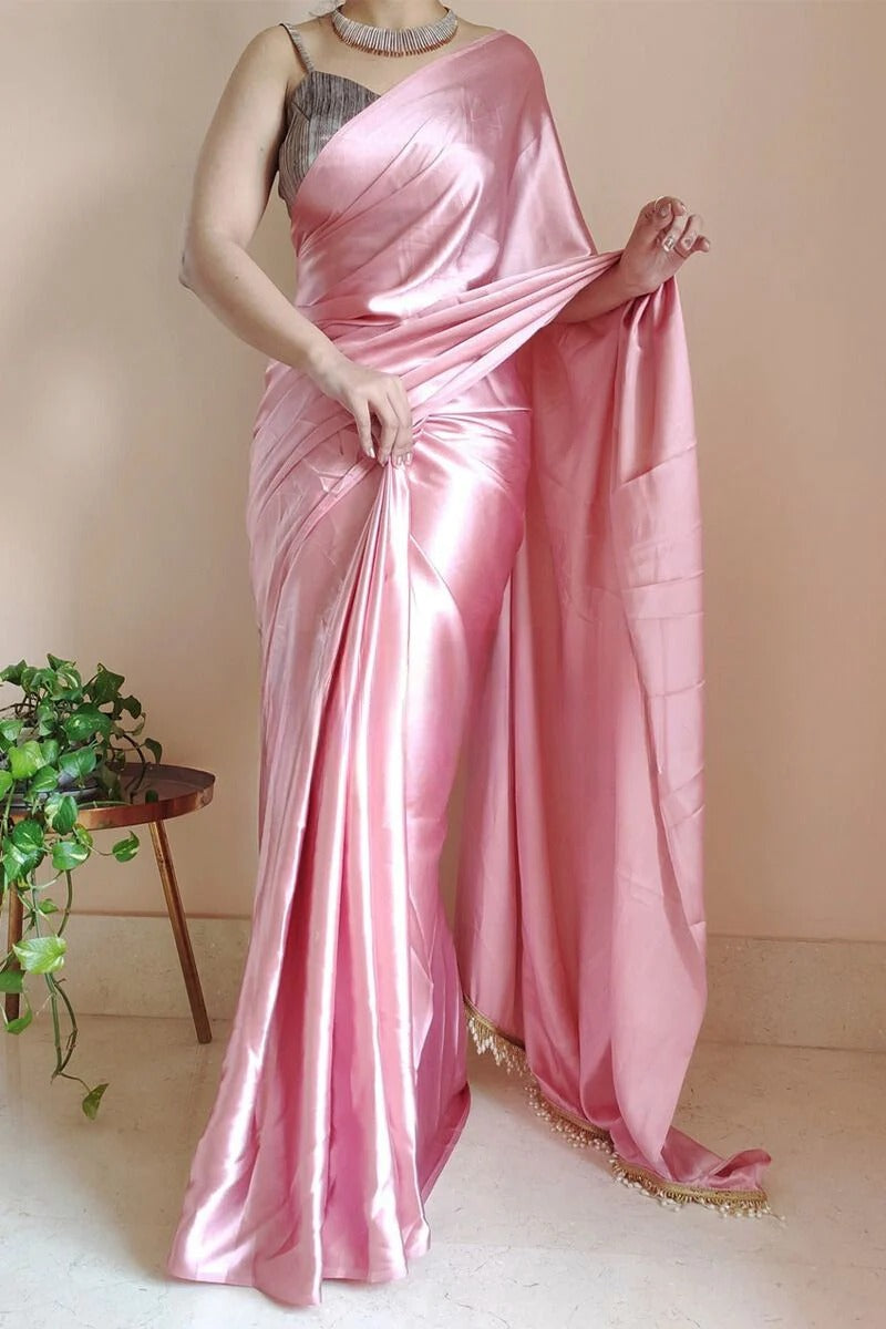 Pleasant Old Rose 1 Minute Ready To Wear Satin Silk Saree With Handmade Tassels