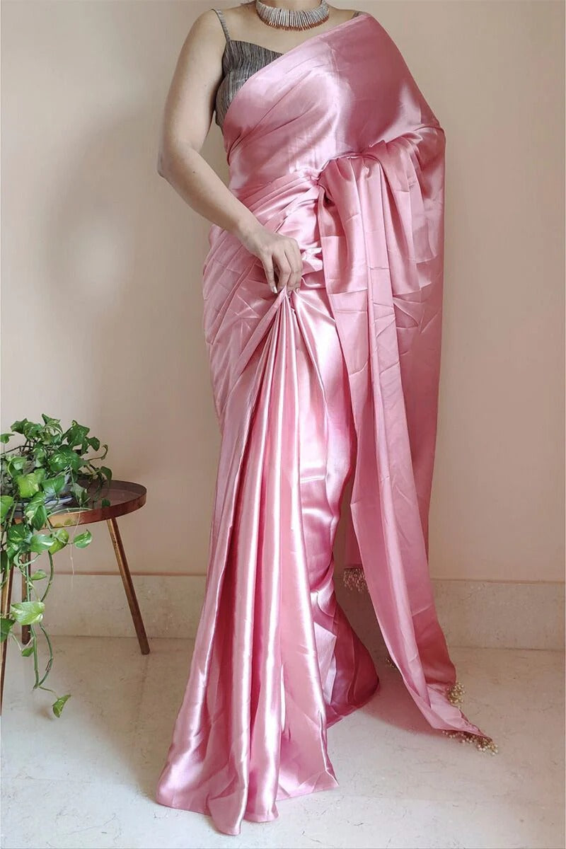 Pleasant Old Rose 1 Minute Ready To Wear Satin Silk Saree With Handmade Tassels