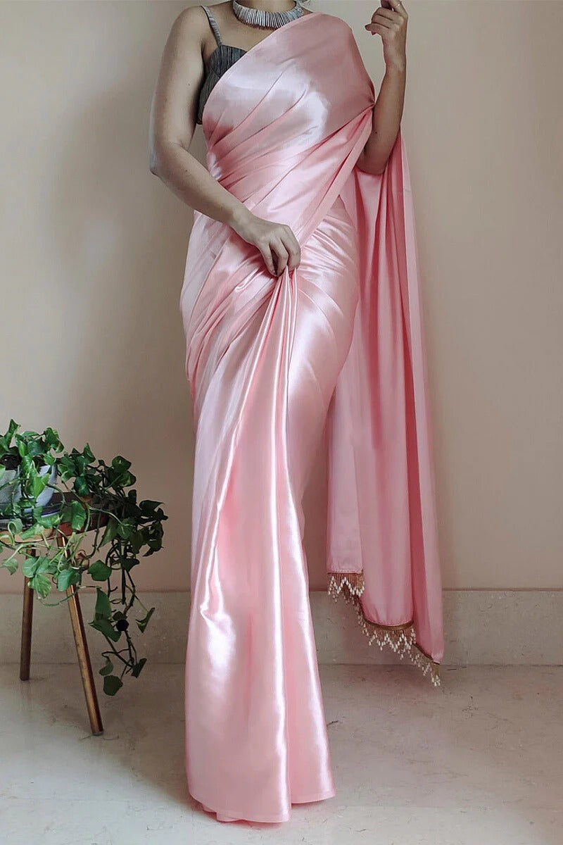 Seraglio Peach 1 Minute Ready To Wear Satin Silk Saree With Handmade Tassels