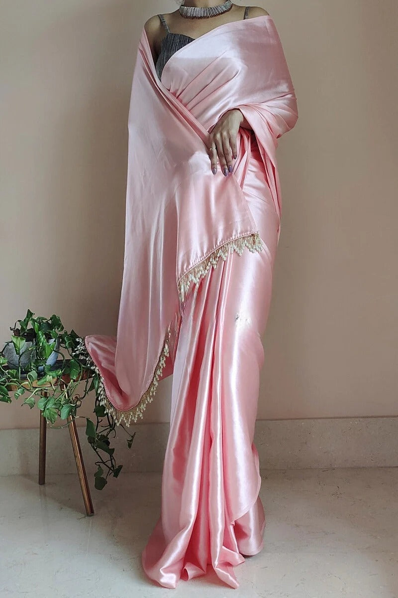 Seraglio Peach 1 Minute Ready To Wear Satin Silk Saree With Handmade Tassels