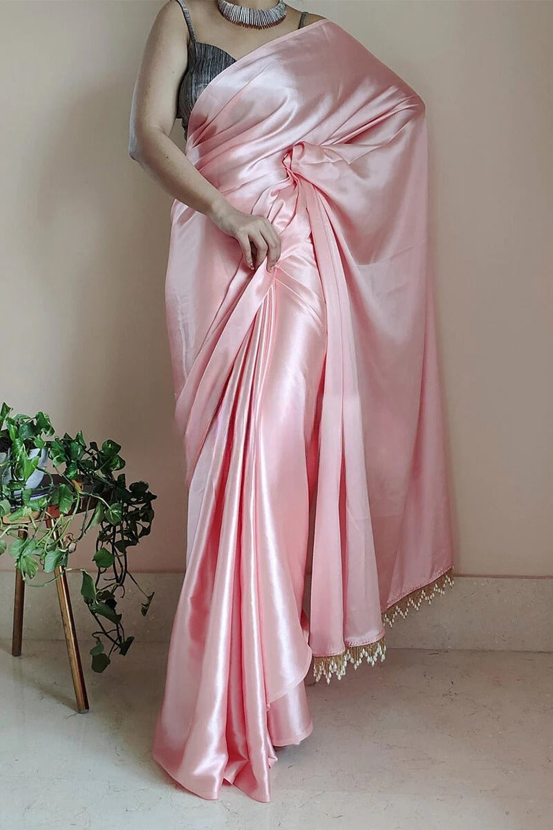 Seraglio Peach 1 Minute Ready To Wear Satin Silk Saree With Handmade Tassels