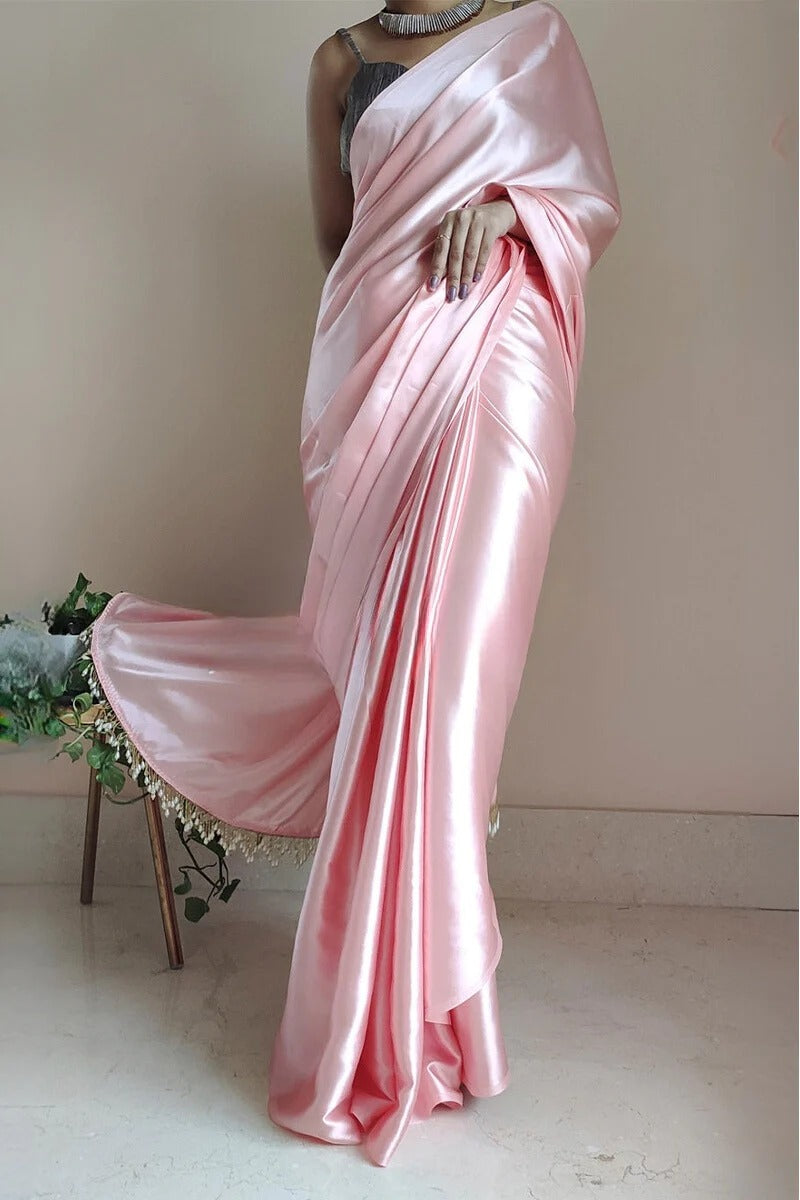 Seraglio Peach 1 Minute Ready To Wear Satin Silk Saree With Handmade Tassels