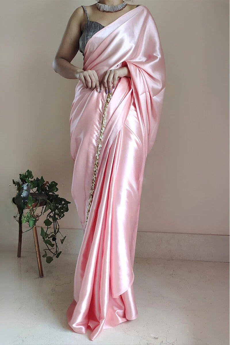 Seraglio Peach 1 Minute Ready To Wear Satin Silk Saree With Handmade Tassels