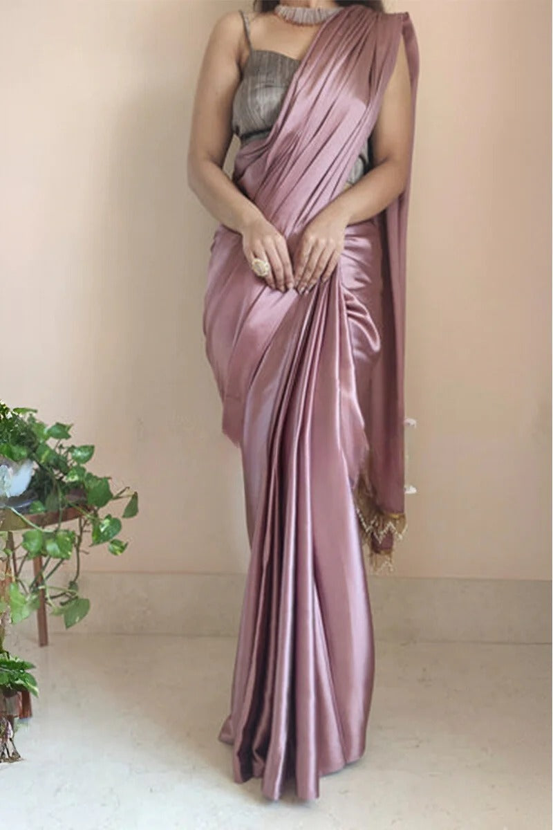 Adorning Rose Gold 1 Minute Ready To Wear Satin Silk Saree With Handmade Tassels