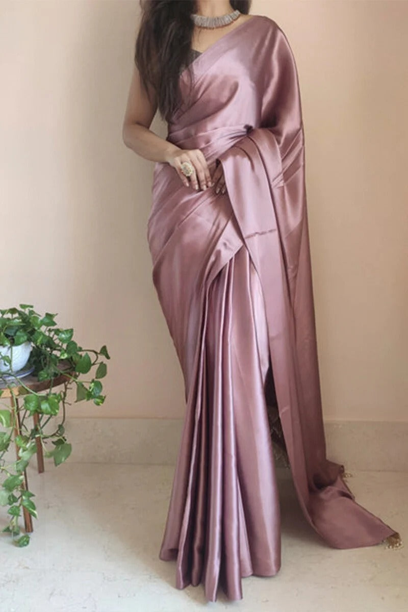 Adorning Rose Gold 1 Minute Ready To Wear Satin Silk Saree With Handmade Tassels