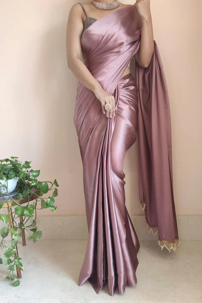 Adorning Rose Gold 1 Minute Ready To Wear Satin Silk Saree With Handmade Tassels