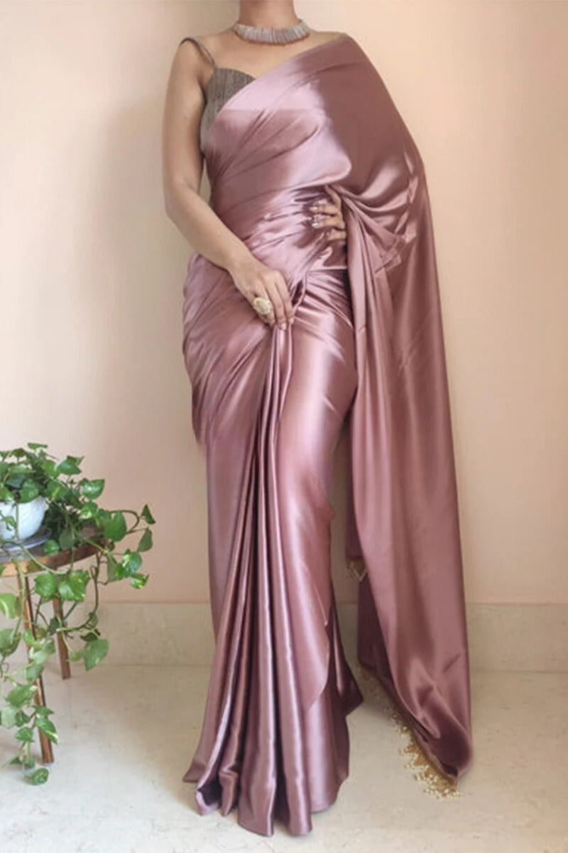 New Arrival Indian Dark Brown Satin Ruffle Saree|SARV150878